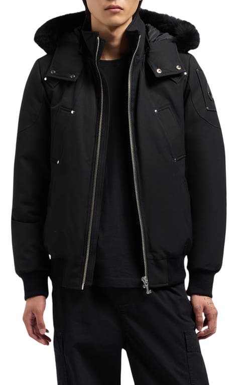 Moose Knuckles Original Genuine Shearling Trim Water & Wind Resistant 650 Fill Power Down Ballistic Bomber Jacket in Black W Black S