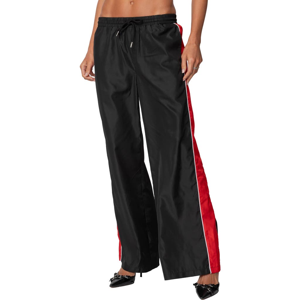Shop Edikted Cameron Contrast Panel Satin Track Pants In Black