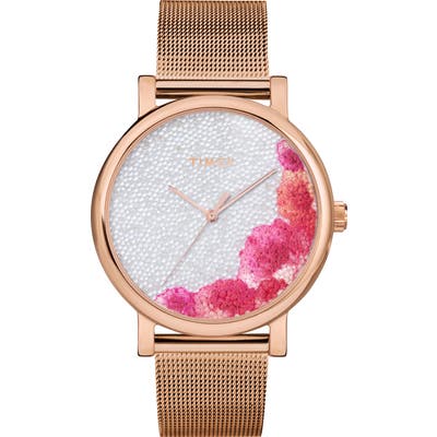 Timex Full Bloom Crystal Floral Mesh Strap Watch,