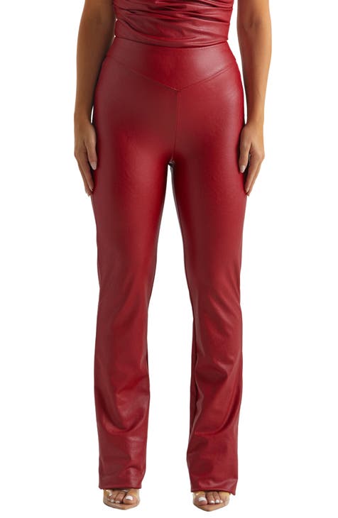 Fabiurt leggings with pockets Womens Leather Leggings Stretch High Waisted  Pleather Pants,Red 