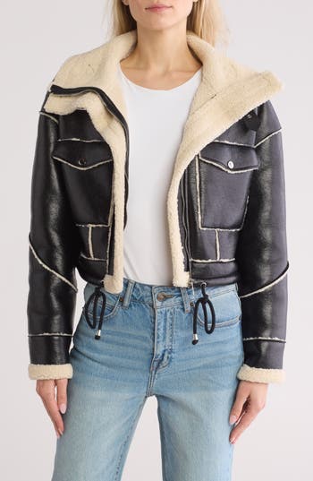 Vigoss Faux Shearling Lined Crop Aviator Jacket In Black