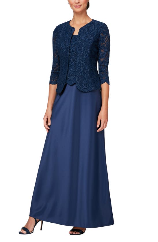 ALEX EVENINGS ALEX EVENINGS EMBROIDERED LACE MOCK TWO-PIECE GOWN WITH JACKET