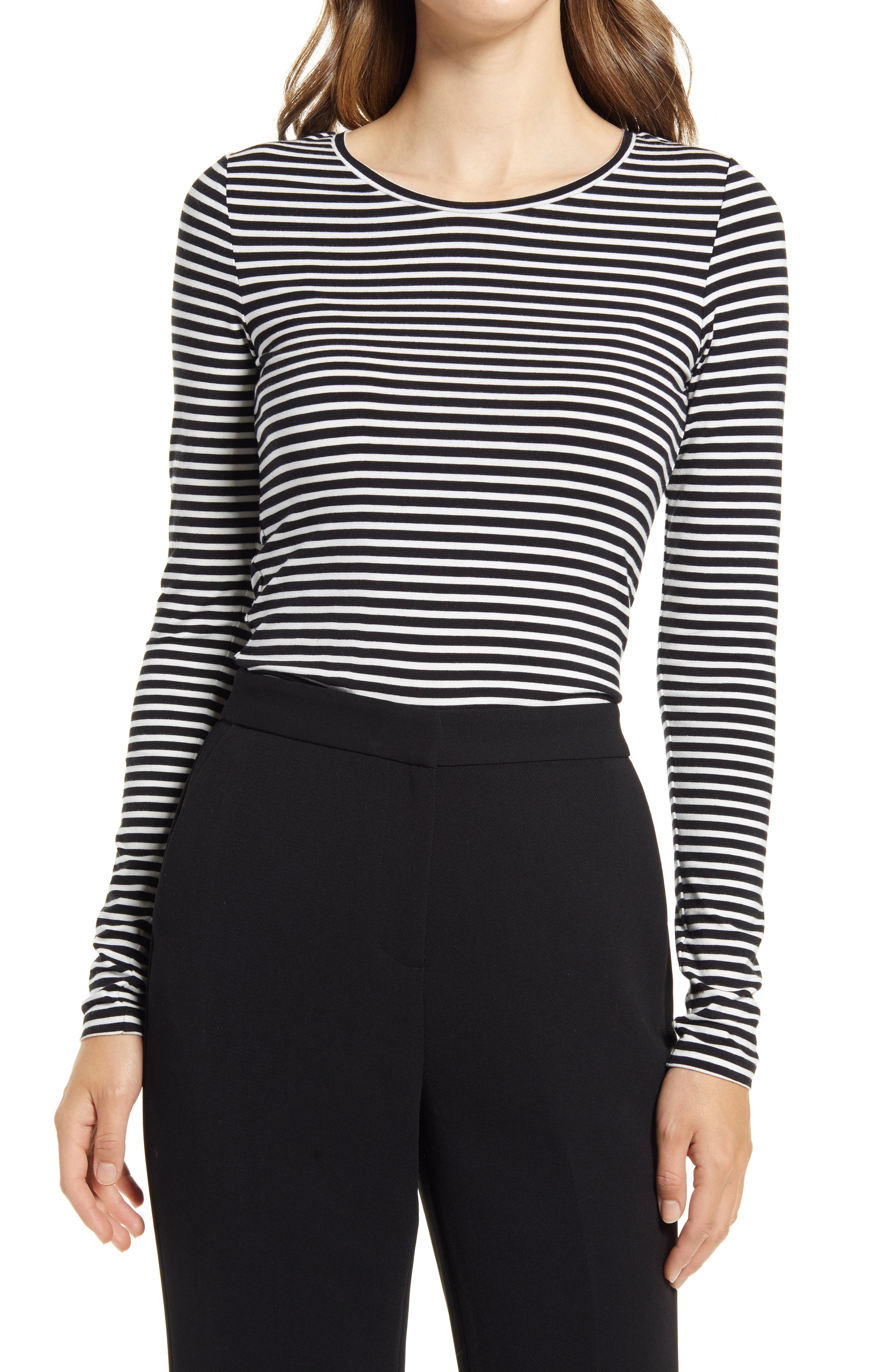 black and white striped long sleeve tee