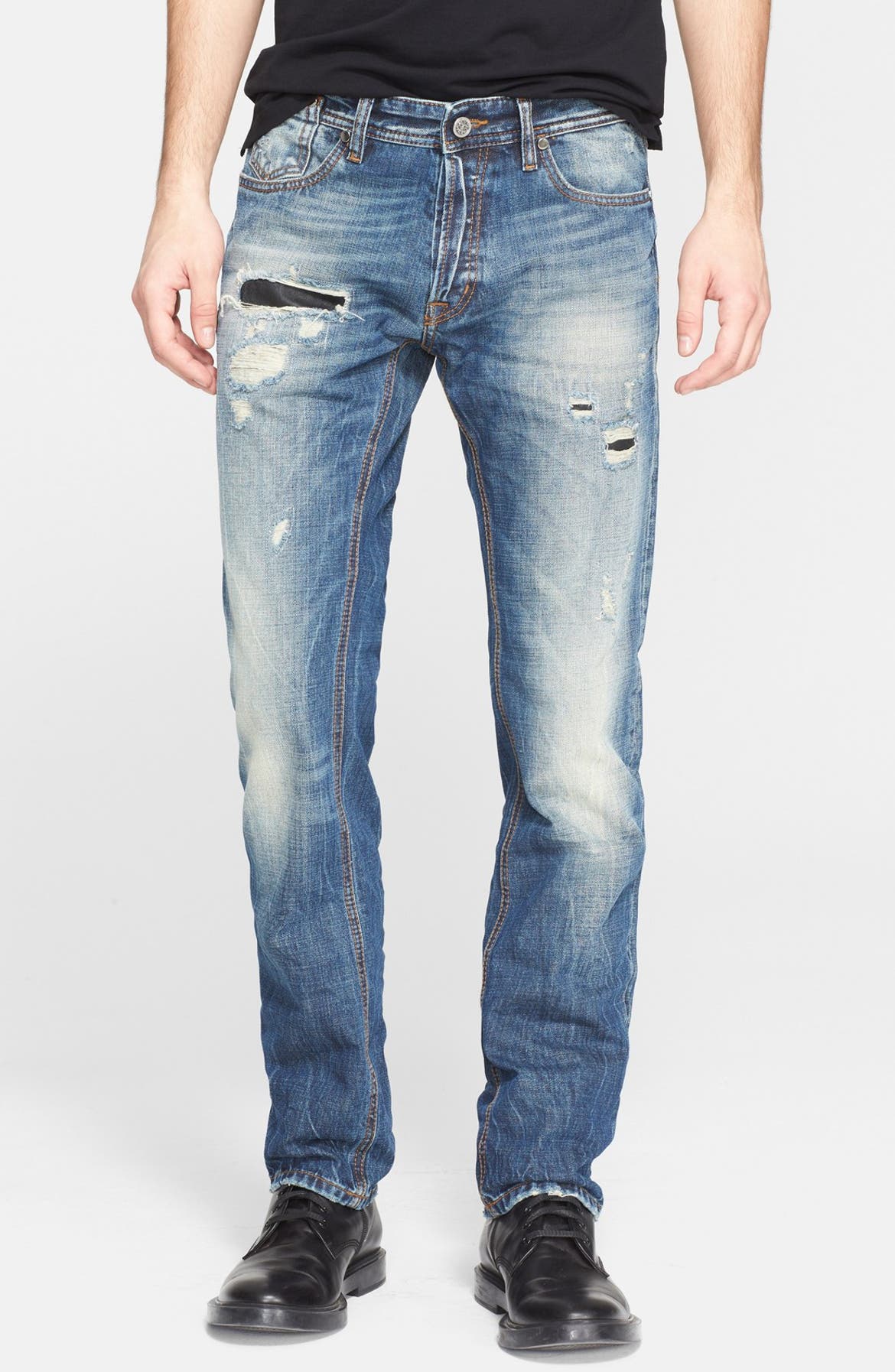 Just Cavalli Leather Patch Destroyed Straight Leg Jeans (Blue) | Nordstrom