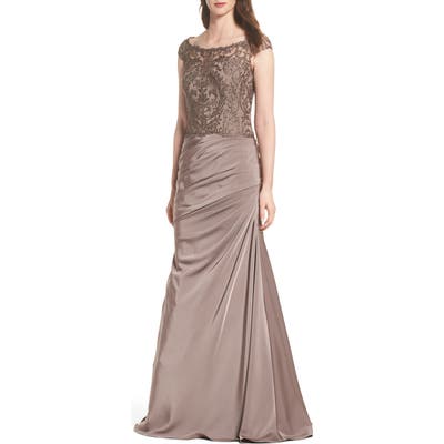 La Femme Beaded Lace Ruched Gown, Brown
