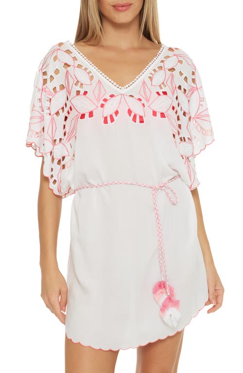 Lahaina Belted Cover-Up Tunic Dress in White/Geranium