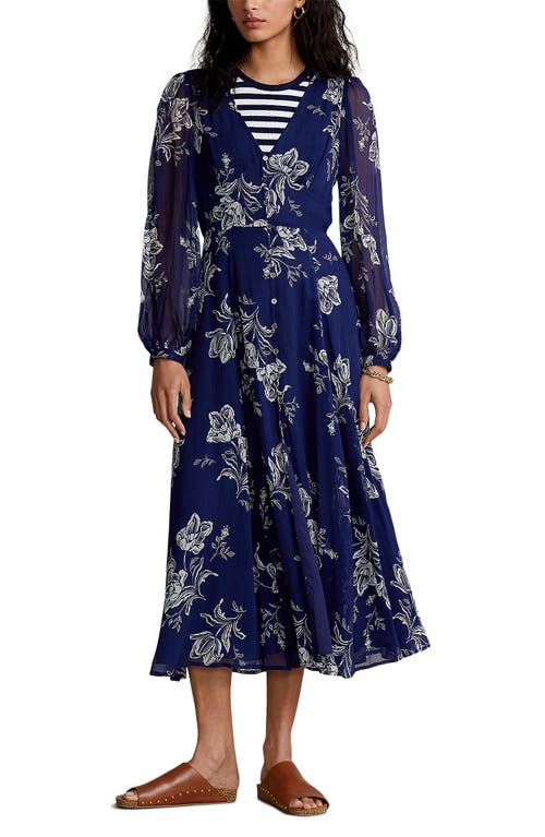 Polo Ralph Lauren Skyler Floral Print Chiffon Midi Dress in Blue Riviera Print