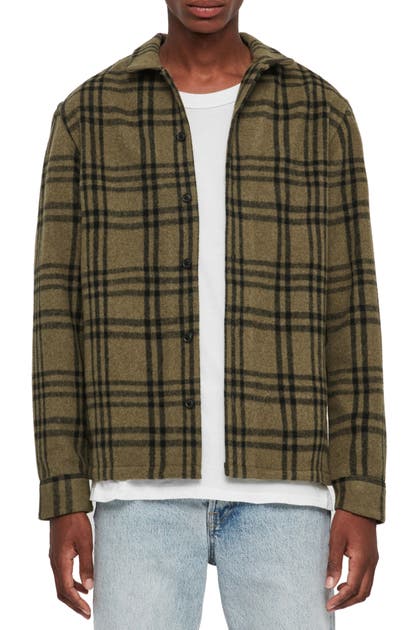 Click to view more detailed imagery on our partner's website Allsaints Zenith Regular Fit Plaid Button-up Fleece Overshirt In Khaki Green