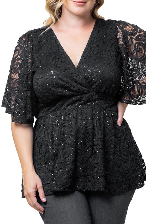 Kiyonna Stardust Sequin Lace Peplum Top In Onyx