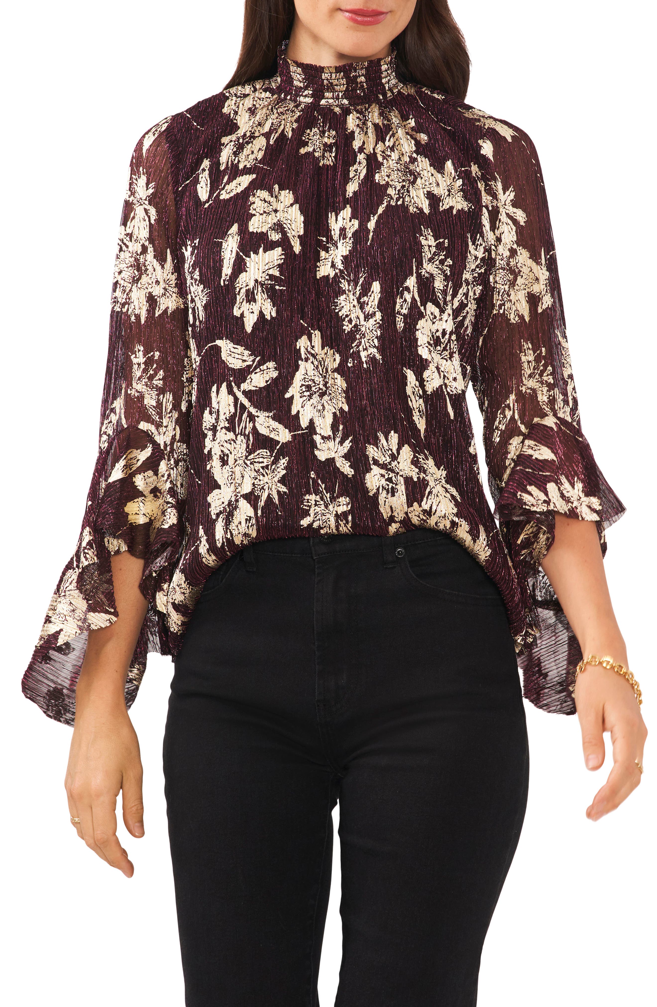 Vince Camuto Women's Floral-Print Bell-Sleeve Blouse - Dark Wine Floral - Size M