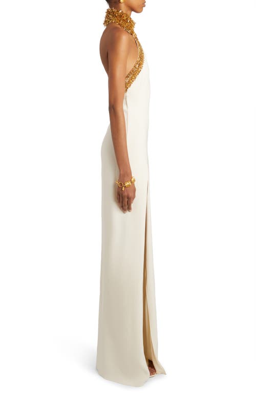 Shop Tom Ford Beaded Fringe Halter Gown In Gold/ecru