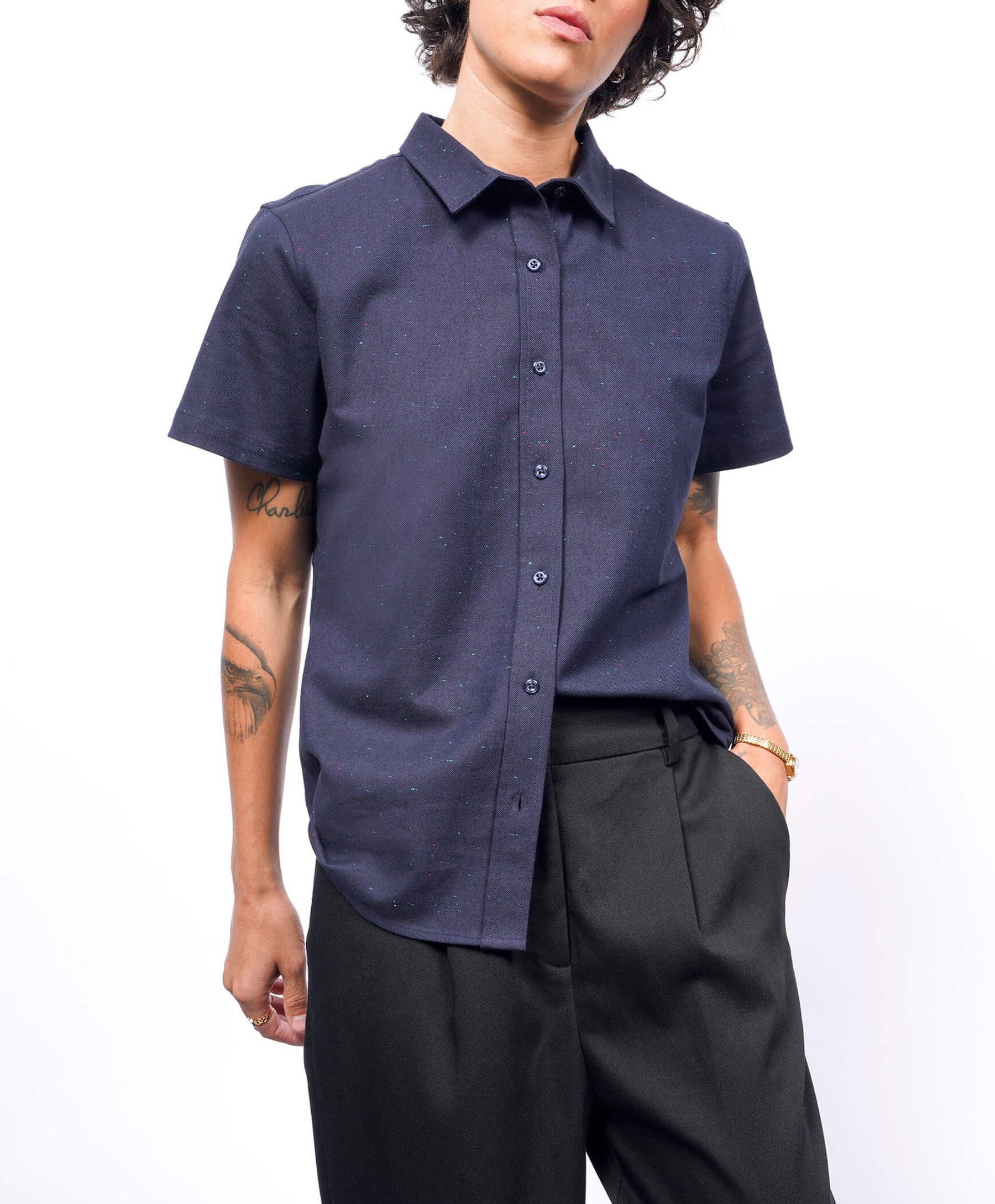 WILDFANG The Essential Button Up in Oxford Fleck Navy Cover