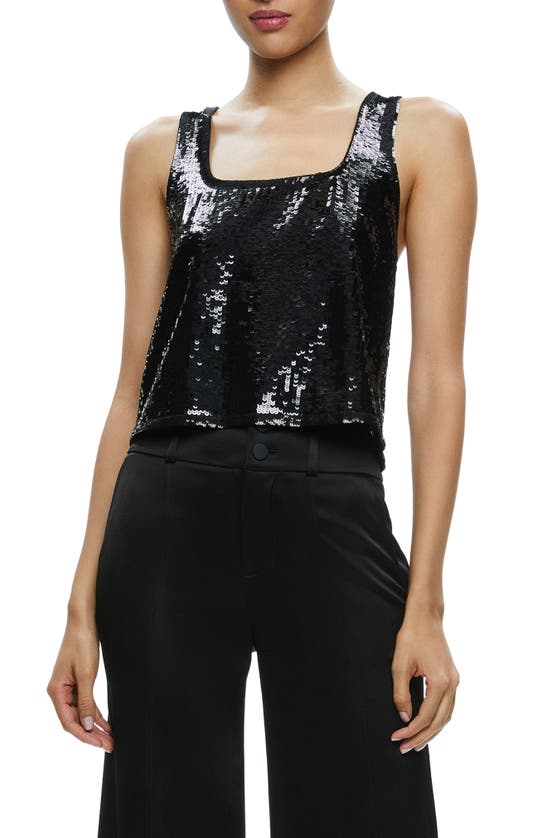 Shop Alice And Olivia Avril Sequin Boxy Tank Top In Black