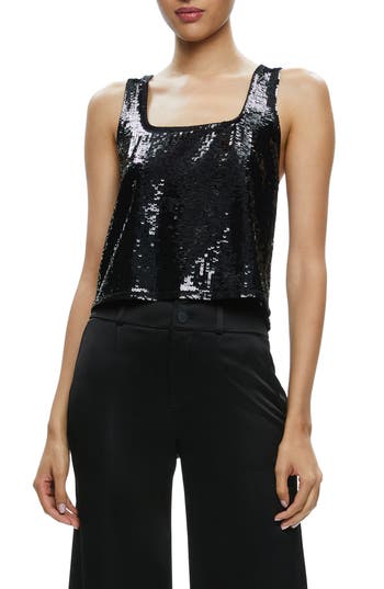 Shop Alice And Olivia Alice + Olivia Avril Sequin Boxy Tank Top In Black