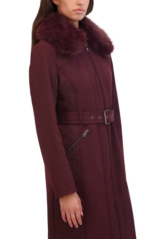 Kenneth Cole New York Belted Softshell Longline Coat With Faux Fur Trim In Burgundy