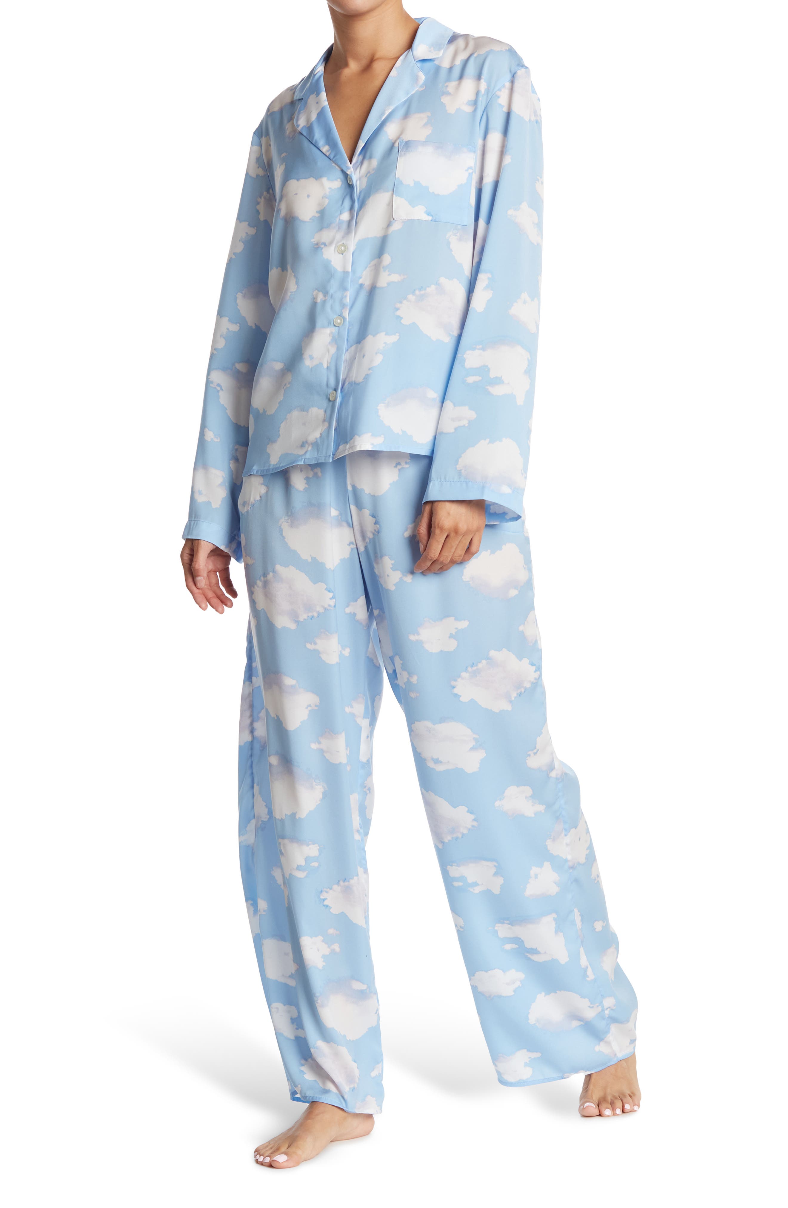 Shady Lady Satin Notch Pajama Set In Bl Cloud