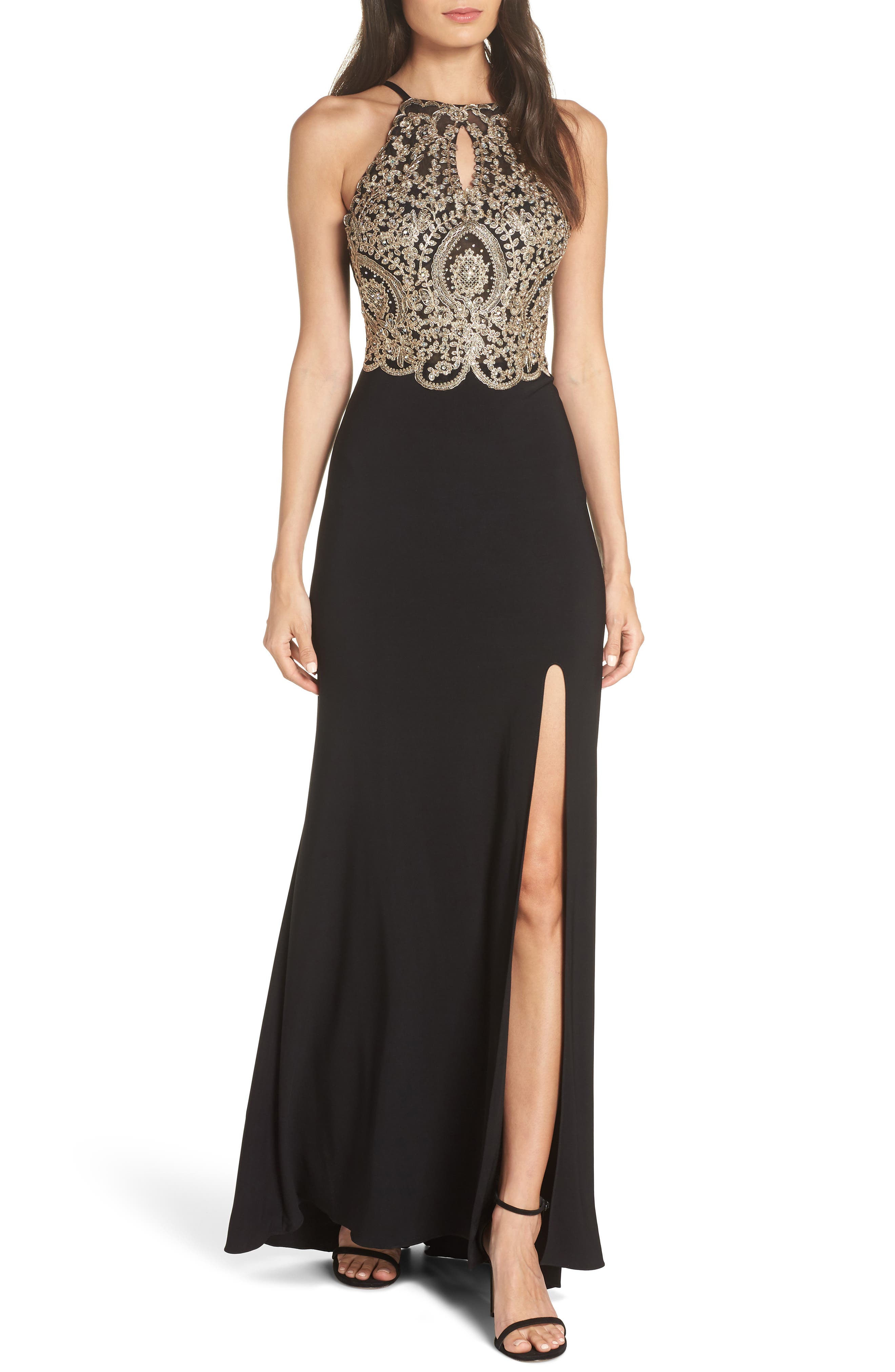 Blondie Nites Embellished Applique Halter Gown, Metallic