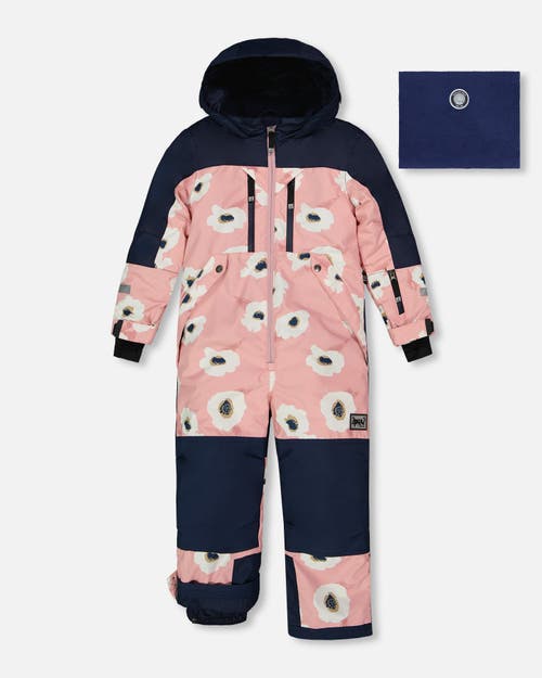 DEUX PAR DEUX DEUX PAR DEUX BIG GIRL'S ONE PIECE TECHNICAL SNOWSUIT PINK PRINTED OFF WHITE FLOWERS 