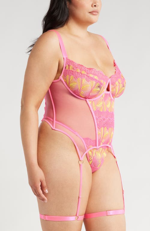Coquette Embroidered Mesh Underwire Bustier With Garter Straps & Thong Set In Neon Pink