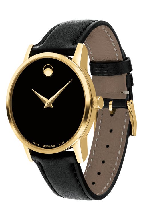 Shop Movado Leather Strap Watch, 28mm In Black/gold