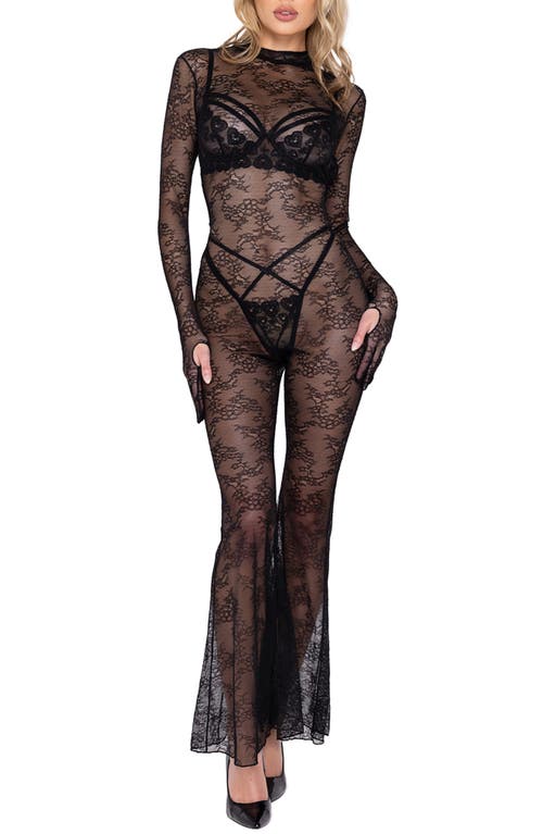 Floral Long Sleeve Lace Bell Bottom Catsuit in Black
