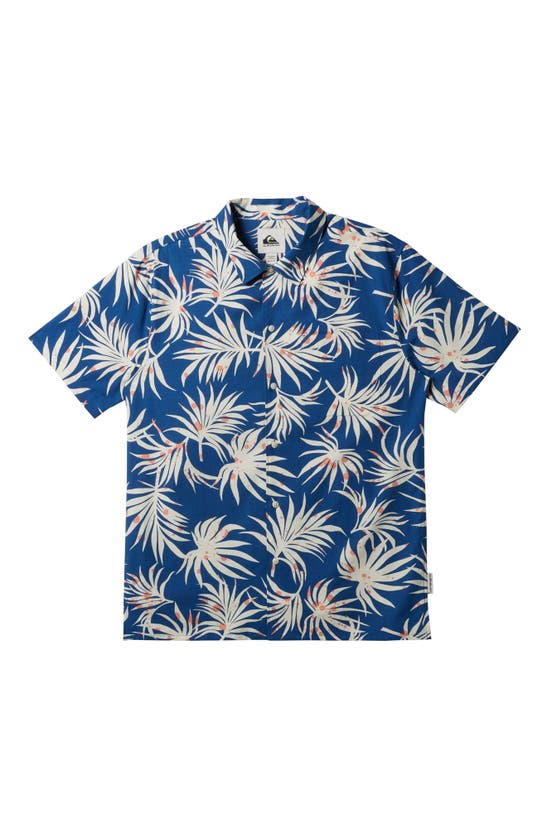 Shop Quiksilver Beach Club Leaf Print Short Sleeve Organic Cotton Blend Button-up Shirt In Monaco Blue