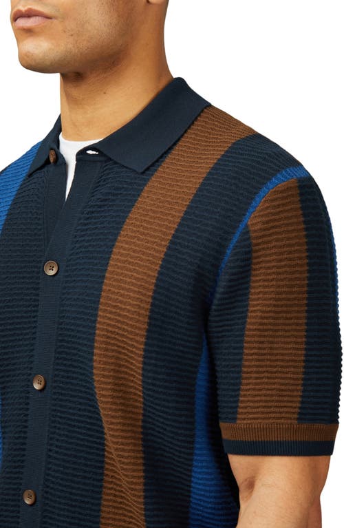 Ben Sherman Textured Stripe Short Sleeve Organic Cotton Cardigan In Dark Navy
