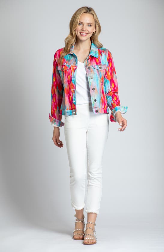 Shop Apny Watercolor Print Denim Jacket In Pink Multi