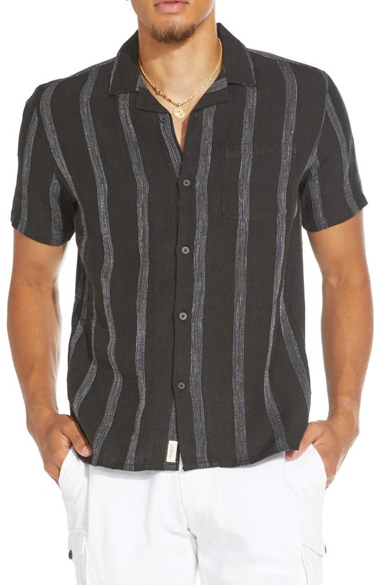 Shop Civil Society Tonal Texture Short Sleeve Linen & Cotton Blend Button-up Shirt In Black