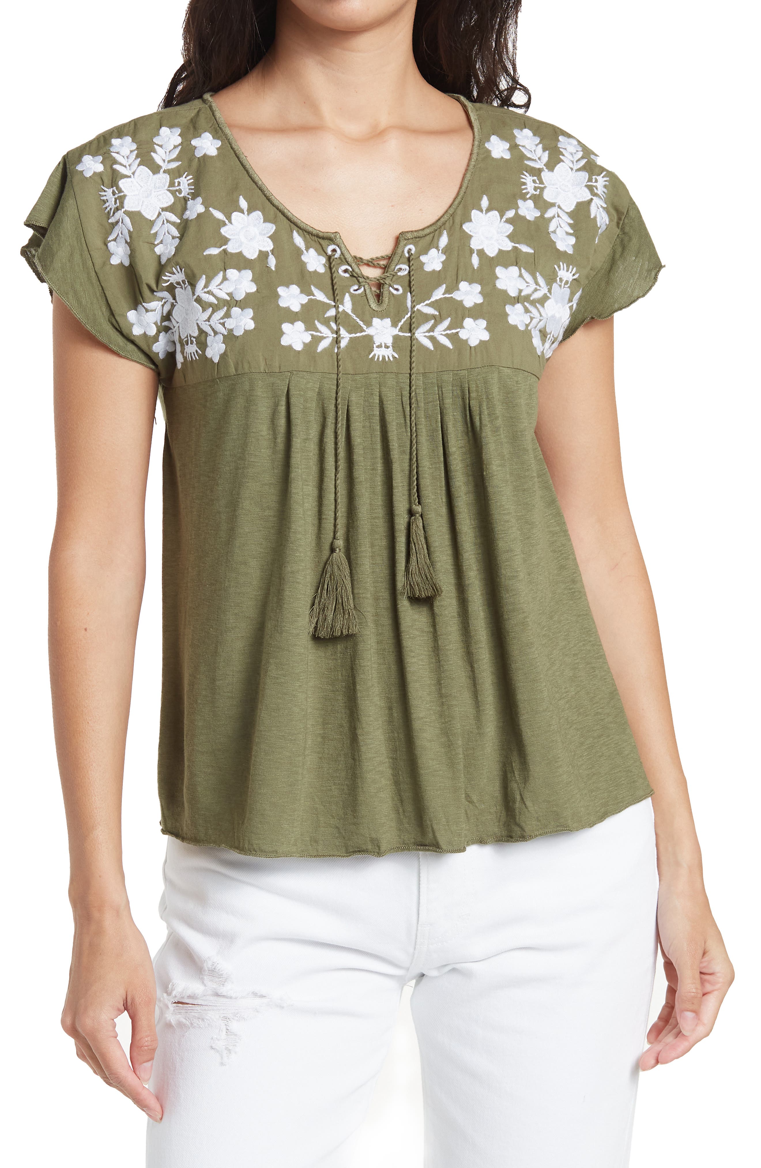 Lucky Brand Womens Plus Size Smocked Embroidered Top 