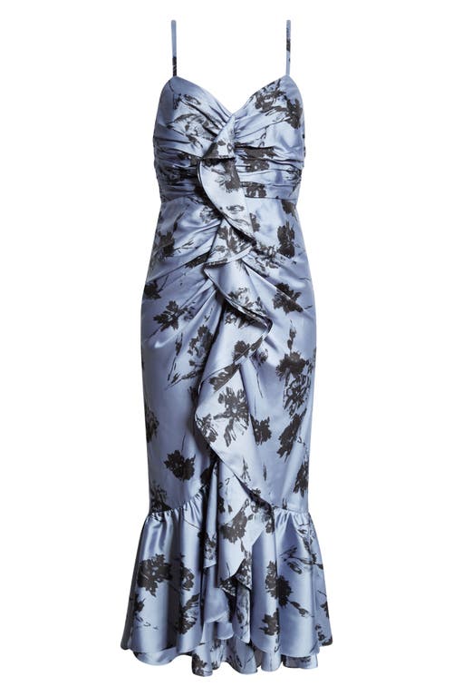 Cinq À Sept Akemi Cool Carnation Ruffle Detail Satin Dress In Rustic Blue Multi