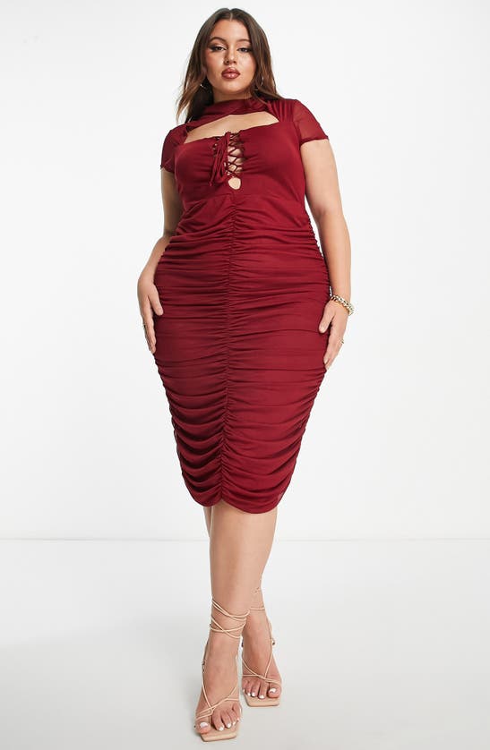 Asos Design Curve Cut Out Lace Up Ruched Mesh Midi Dress In Plum-multi