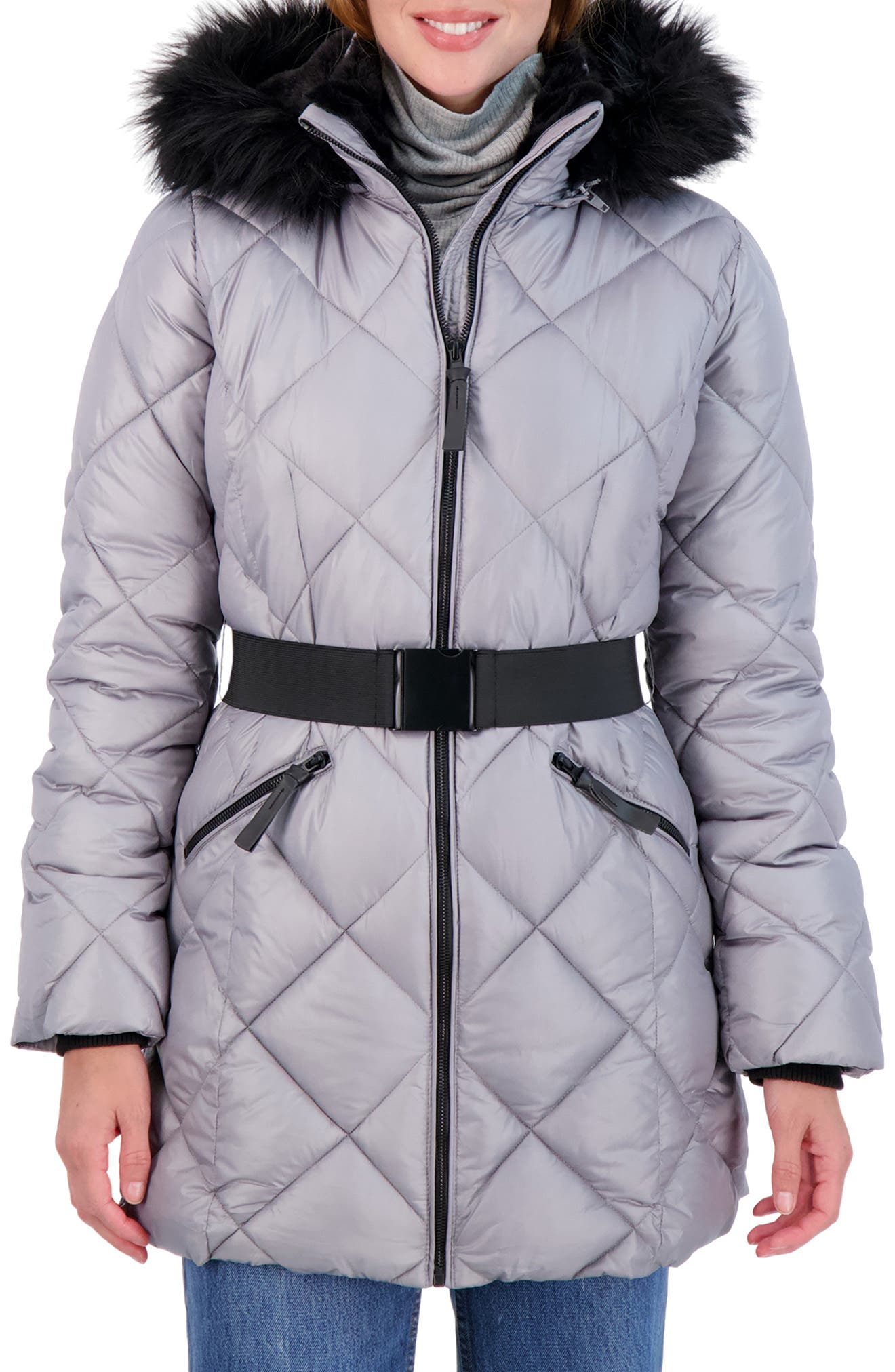 grey puffer coat with fur hood