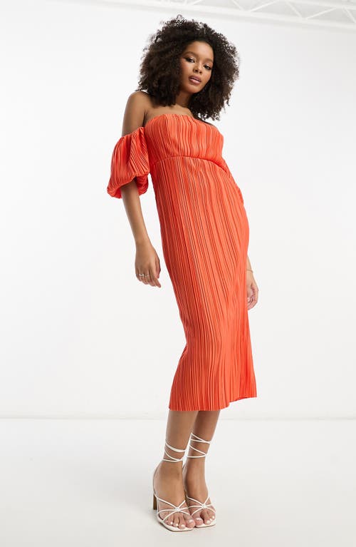 ASOS DESIGN Plissé Off-the-Shoulder Midi Dress in Bright Orange Multi at Nordstrom, Size 6 Us