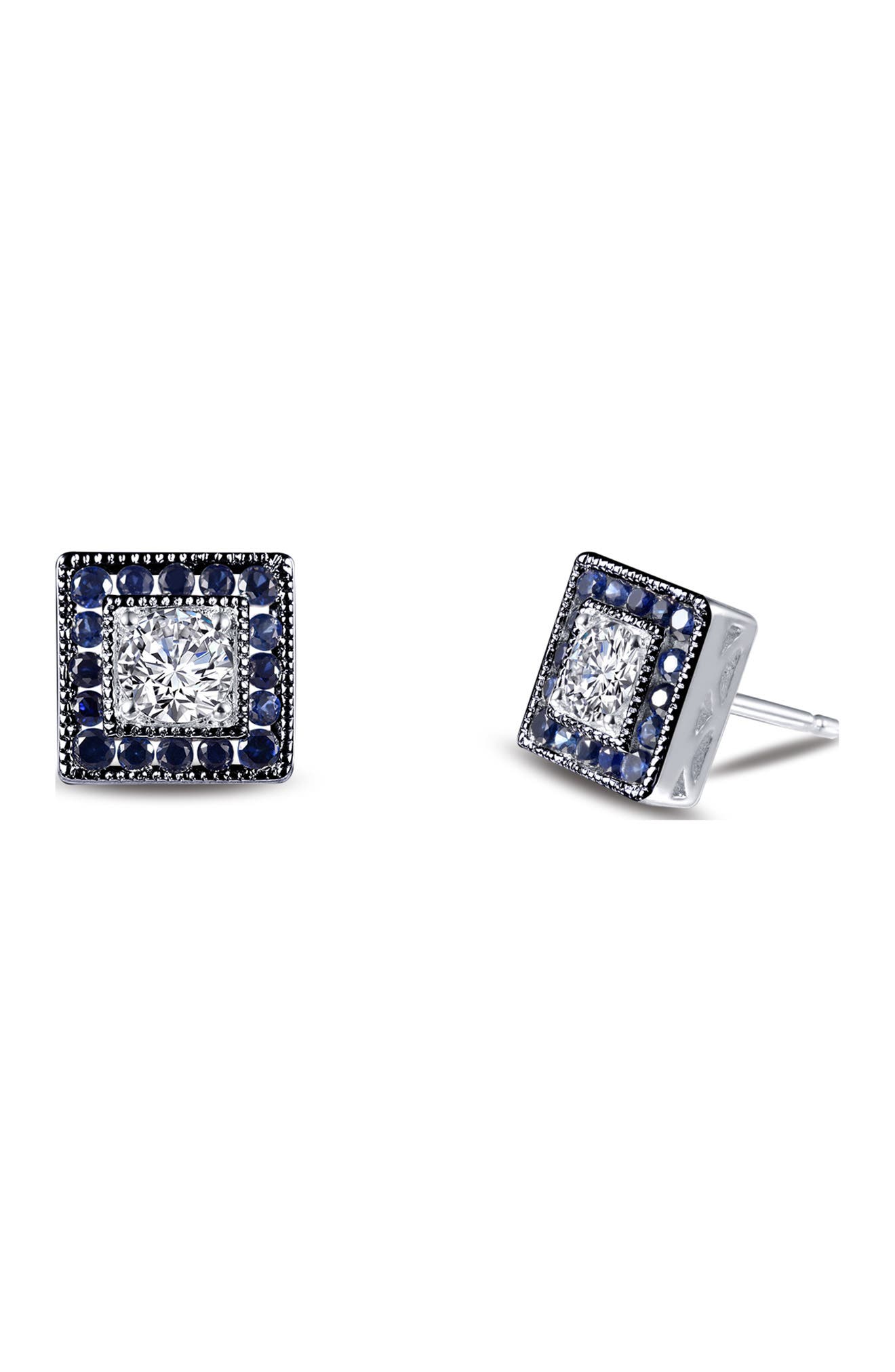 Lafonn Platinum Plated Sterling Silver Simulated Diamond & Simulated Sapphire Trim Stud Earrings In White-sapphire