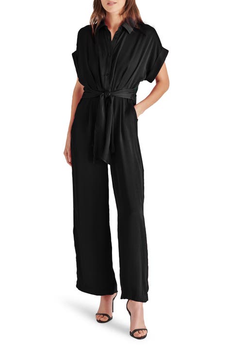 Black Satin Jumpsuit - Short Sleeve Jumpsuit - Wide-Leg Jumpsuit