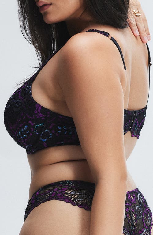 Savage X Fenty Romantic Corded Metallic Lace Padded Demi Bra In Black Caviar/purple Metallic