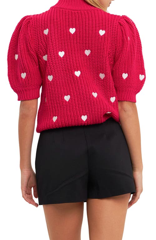 Shop English Factory Heart Embroidered Puff Sleeve Sweater In Fuchsia/white