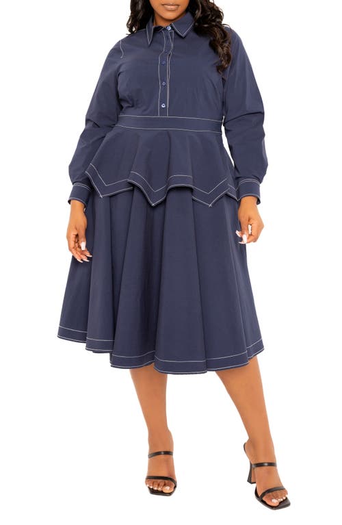 Shop Buxom Couture Topstitched Long Sleeve Peplum Shirtdress In Navy
