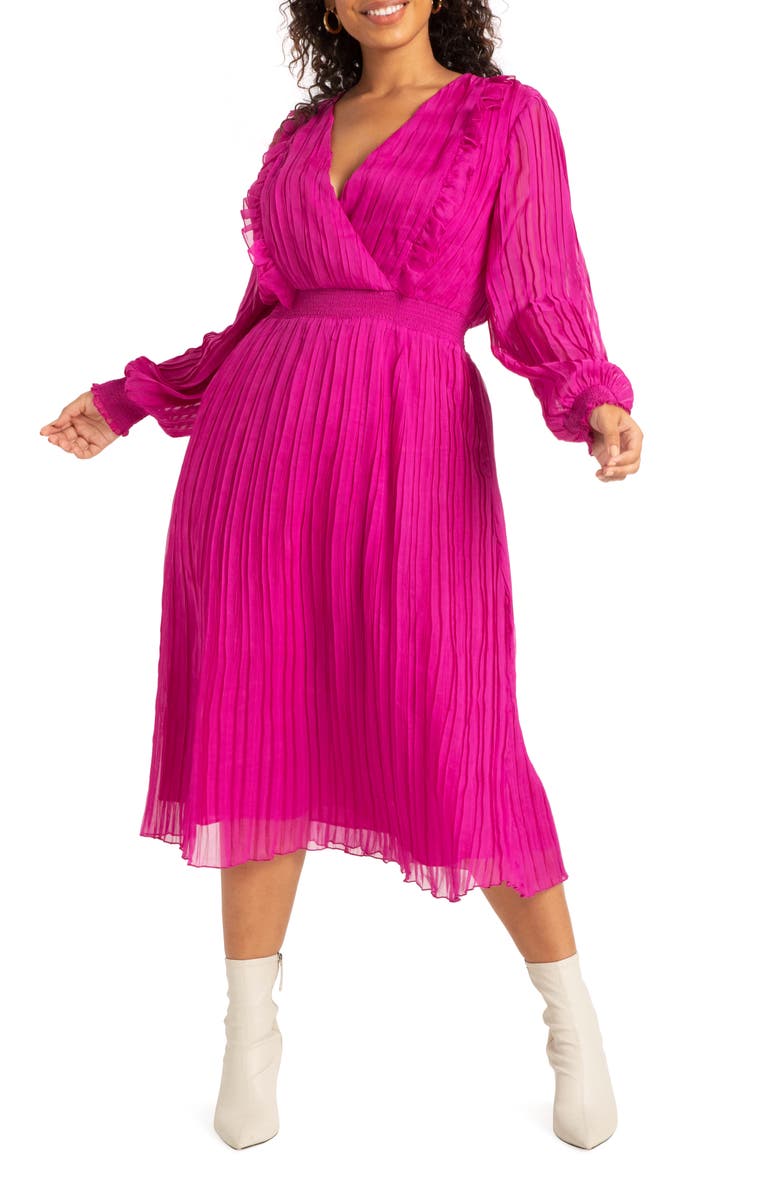 ELOQUII Pleated Long Sleeve Dress, Main, color, 