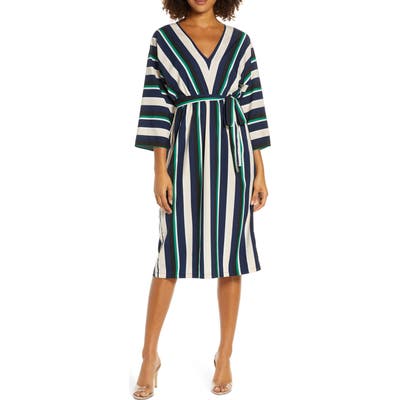 French Connection Multi Stripe V-Neck Dress, Blue/green