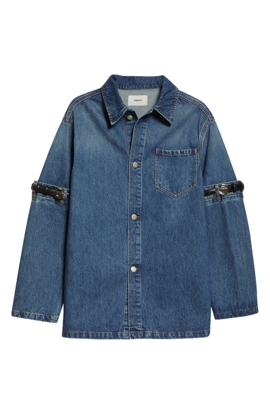 Shop Coperni Hybrid Belted Sleeve Denim Overshirt In Blue