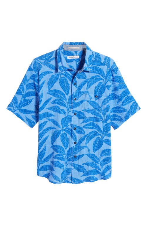 Beachside Azul Frond Short Sleeve Stretch Button-Up Shirt in Blue Muscari