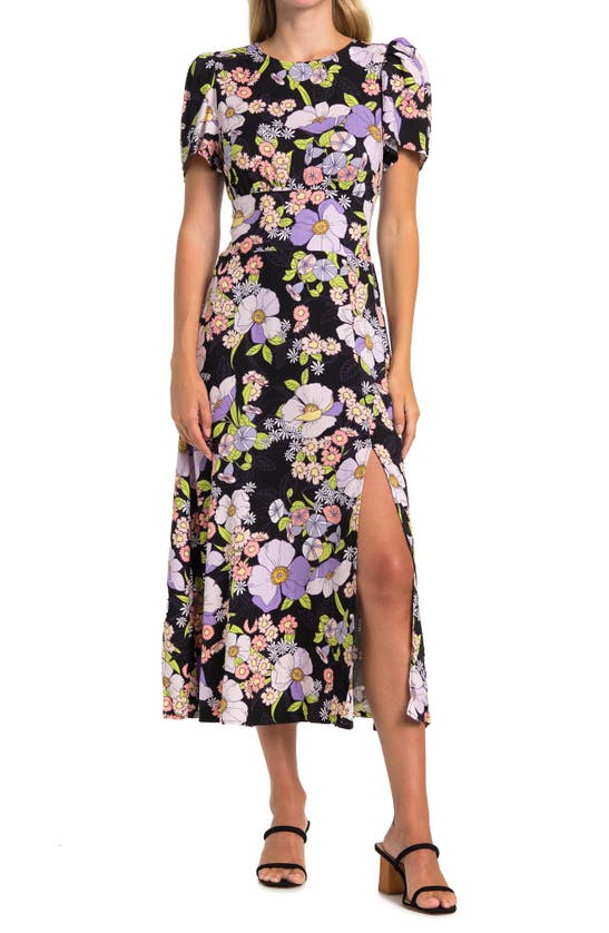 Afrm Jamie Print Open Back Short Sleeve Dress In Noir Summer Bouquet