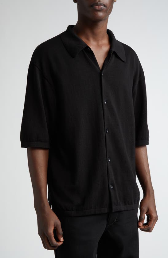 Shop Lemaire Short Sleeve Cotton Knit Button-up Shirt In Black