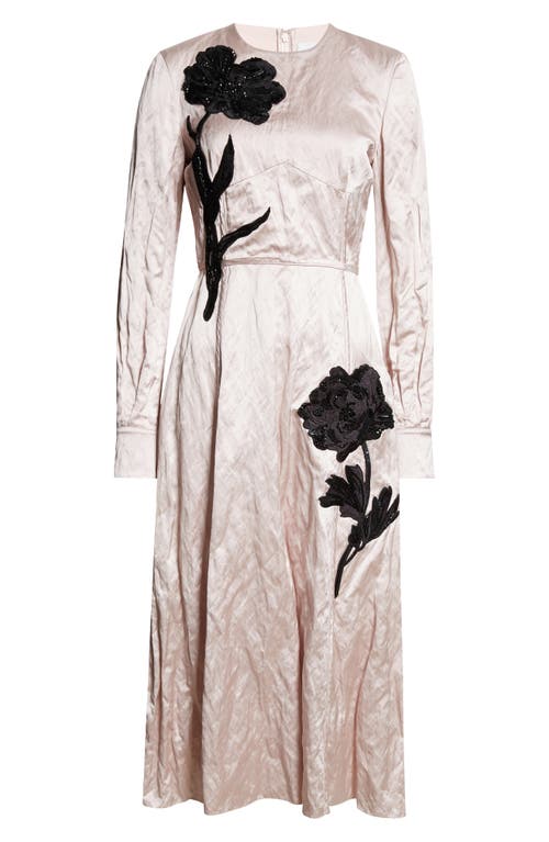 ERDEM ERDEM EMBELLISHED ROSE APPLIQUÉ LONG SLEEVE RUMPLED SATIN MIDI DRESS