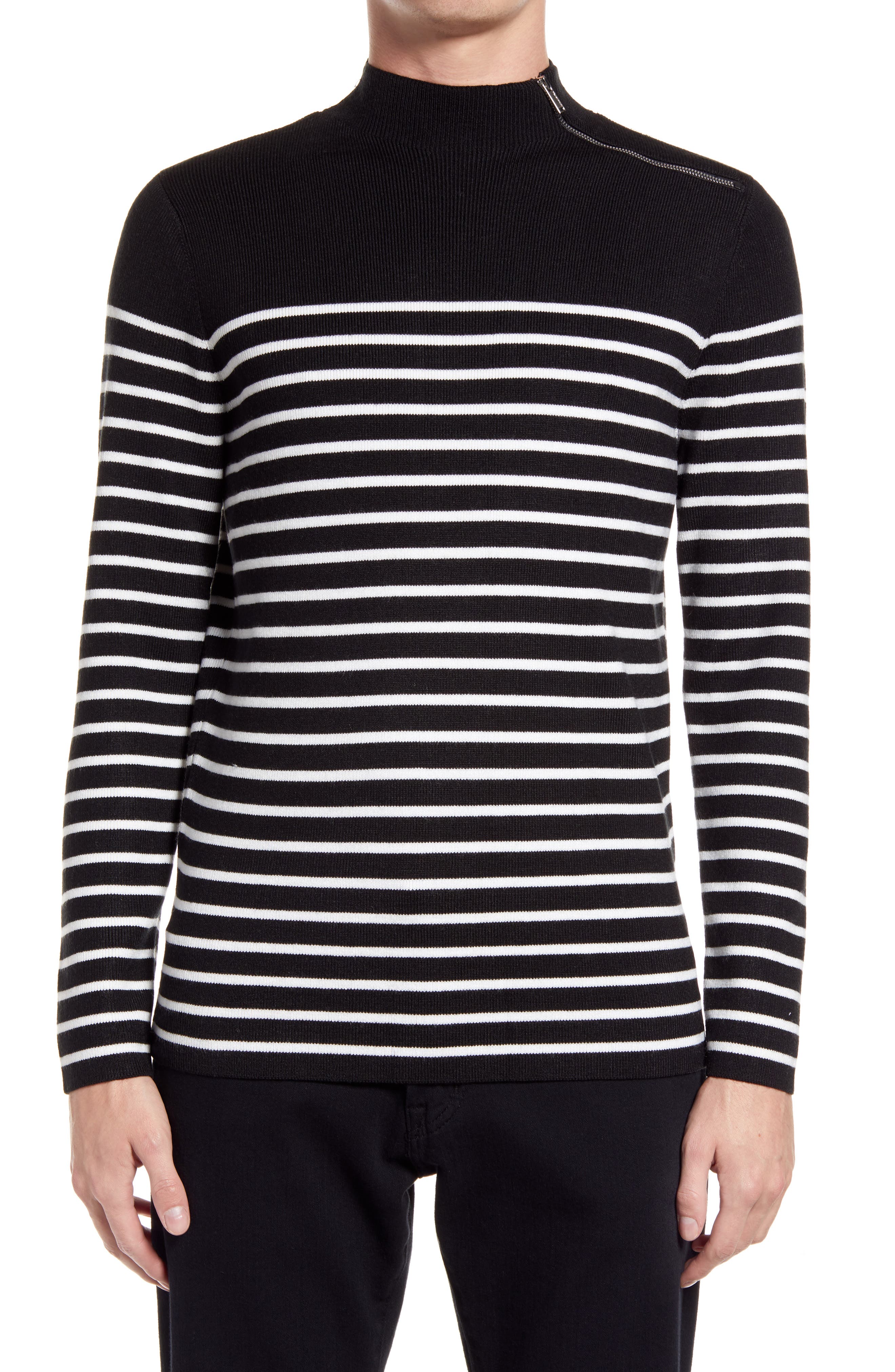 black and white striped mock neck
