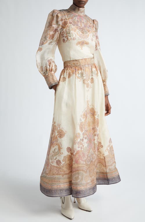 Shop Zimmermann Illustration Floral Paisley Linen & Silk Maxi Skirt In Cream Paisley