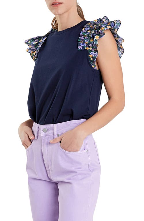 English Factory Floral Ruffle Sleeve Top In Navy Multi