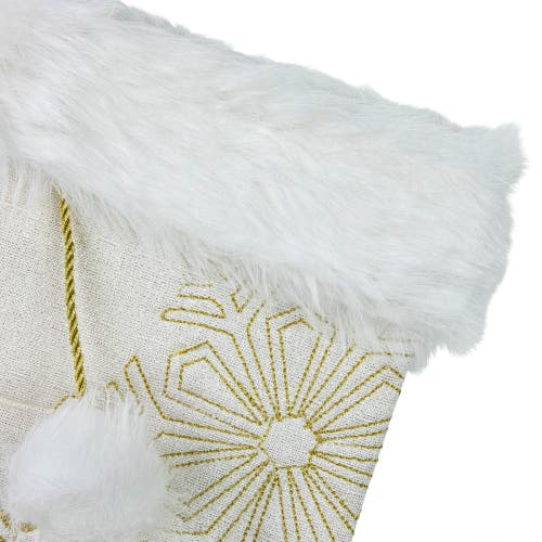 Northlight 20" Cream With Gold Snowflakes Christmas Stocking With Faux Fur Cuff In White